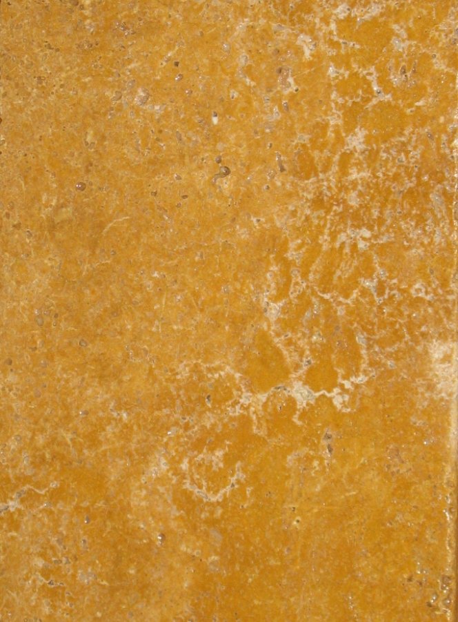 كتلة تراورتين أصفر – قطع عرضي (CC) — warm golden yellow with cream cloud fossil patterns (cross cut) — حجر طبيعي بالجملة
